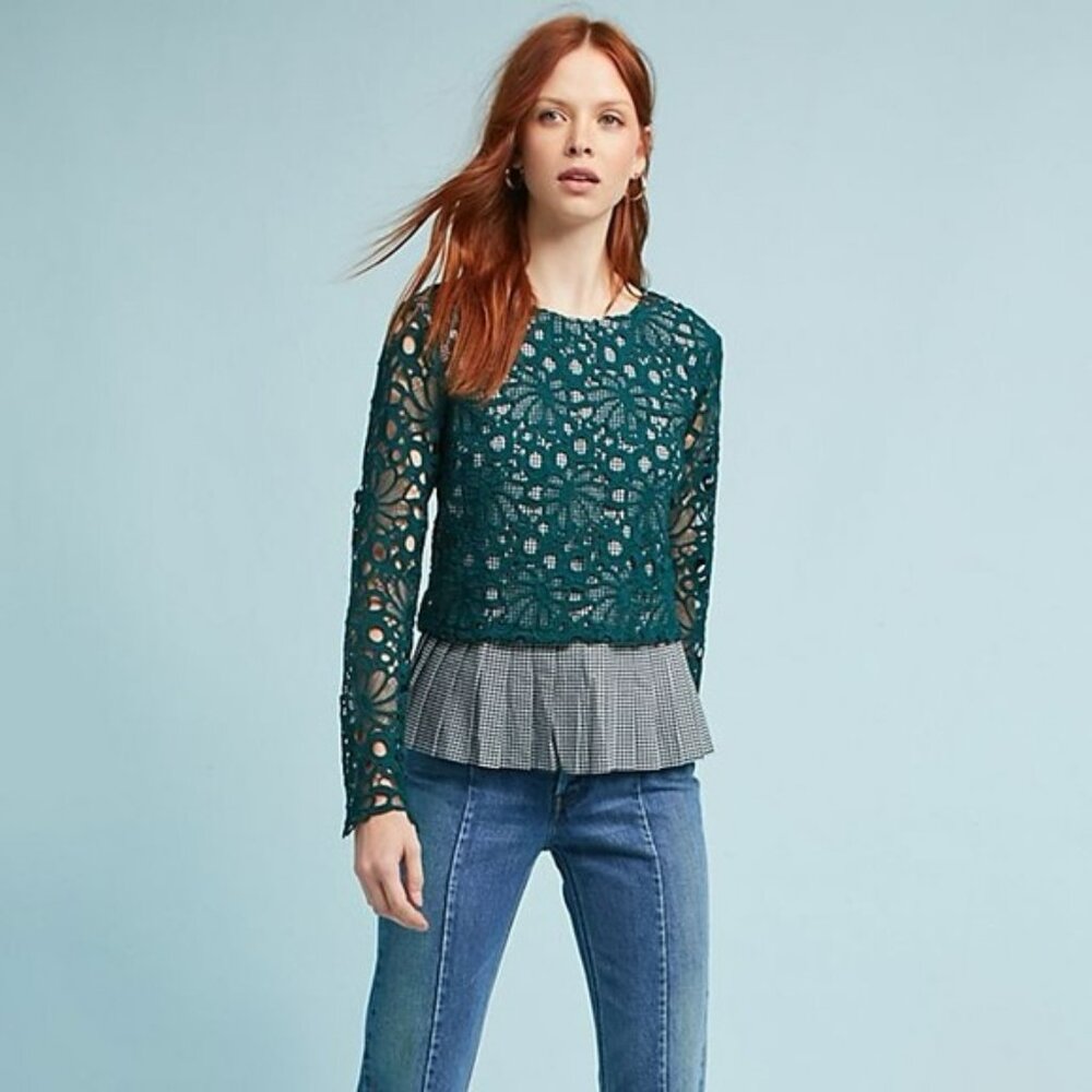 Maeve Anthropologie green floral lacy top with black and white plaid underlay